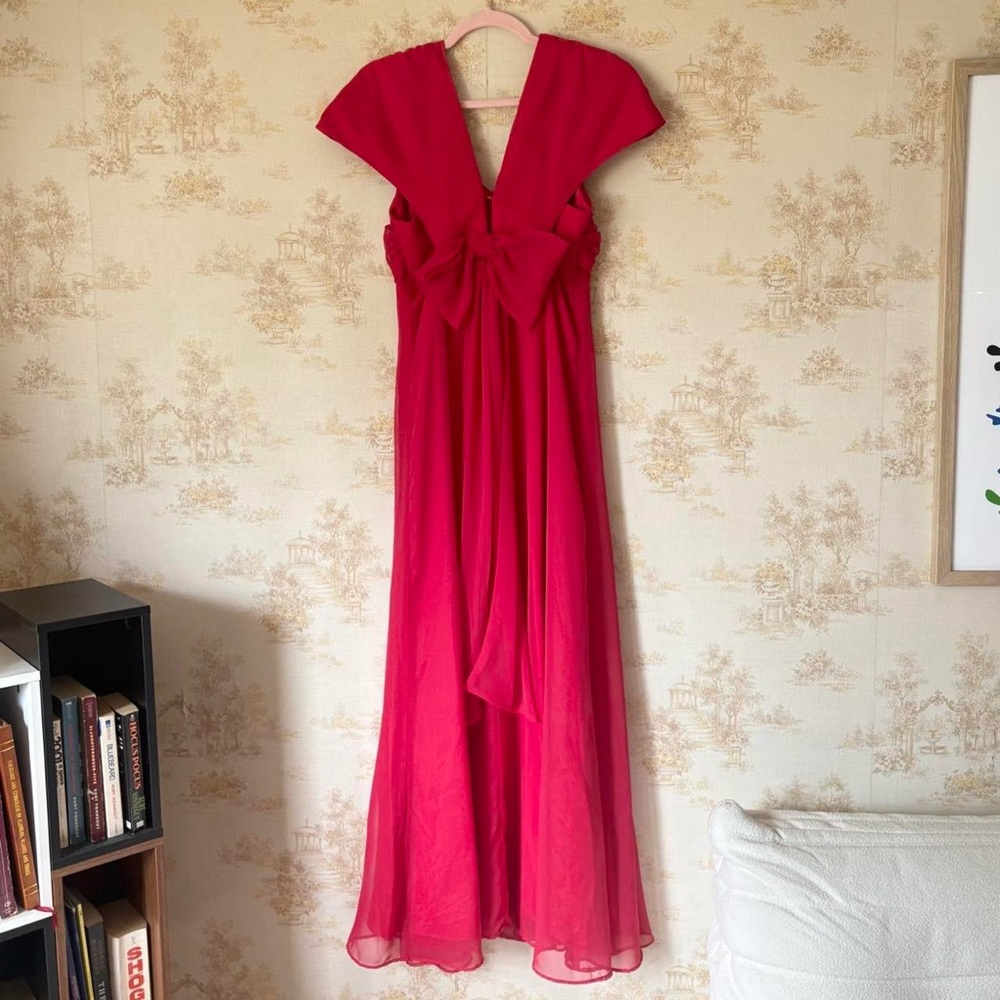 Vintage 60s 70s red chiffon big bow sweetheart formal evening maxi prom dress
